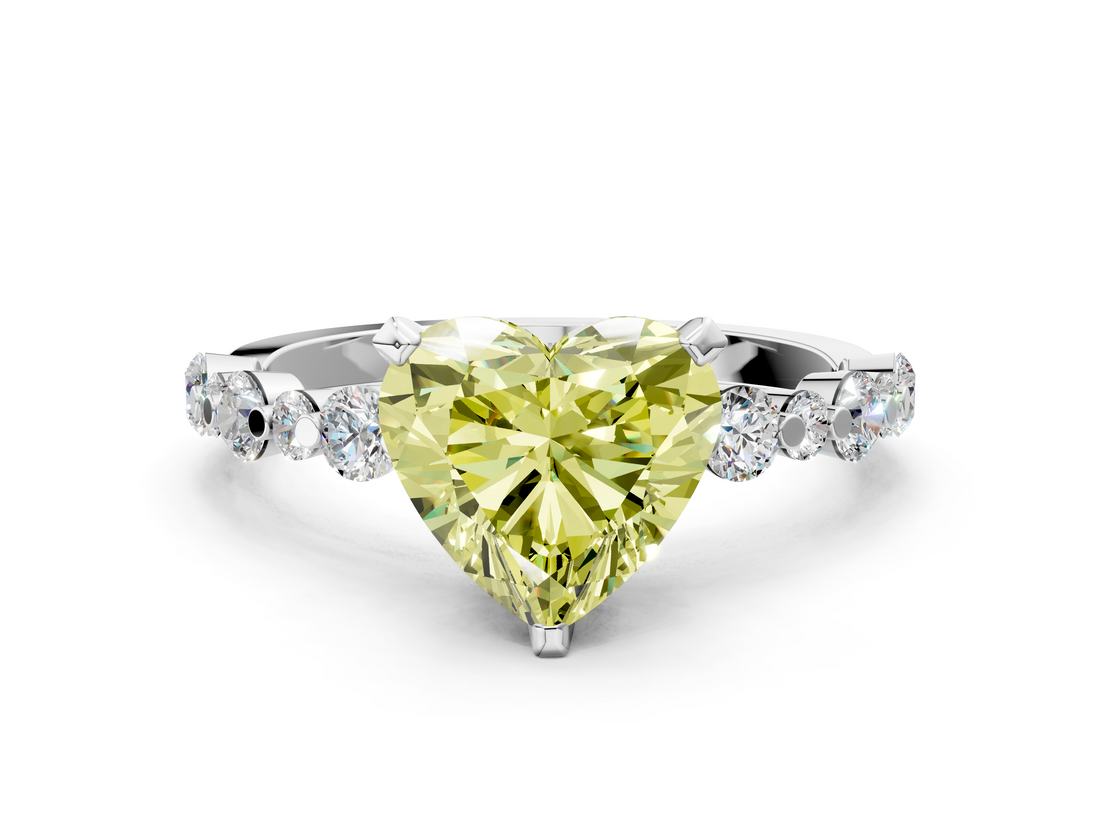 White gold Fancy Yellow Heart  Diamond Prong Set Engagement Ring with Pave Band_204