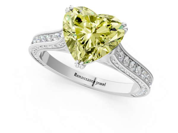 White gold Fancy Yellow Heart  Diamond Solitaire with Pave Band and Six-Prong Setting