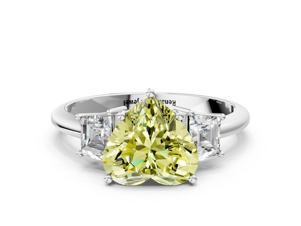 Platinum Fancy Yellow Heart  Diamond Three-Stone Ring with Trapezoid Side Stones and Prong Setting