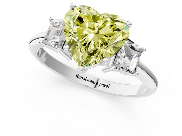 Platinum Fancy Yellow Heart  Diamond Three-Stone Ring with Trapezoid Side Stones and Prong Setting