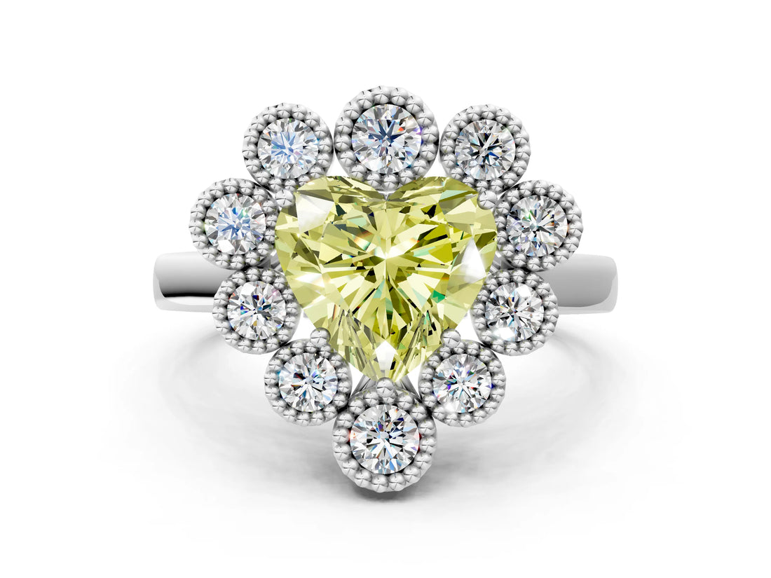 White gold Fancy Yellow Heart  Halo Diamond Cluster Engagement Ring with Milgrain Bezel Setting and Solitaire Band_57