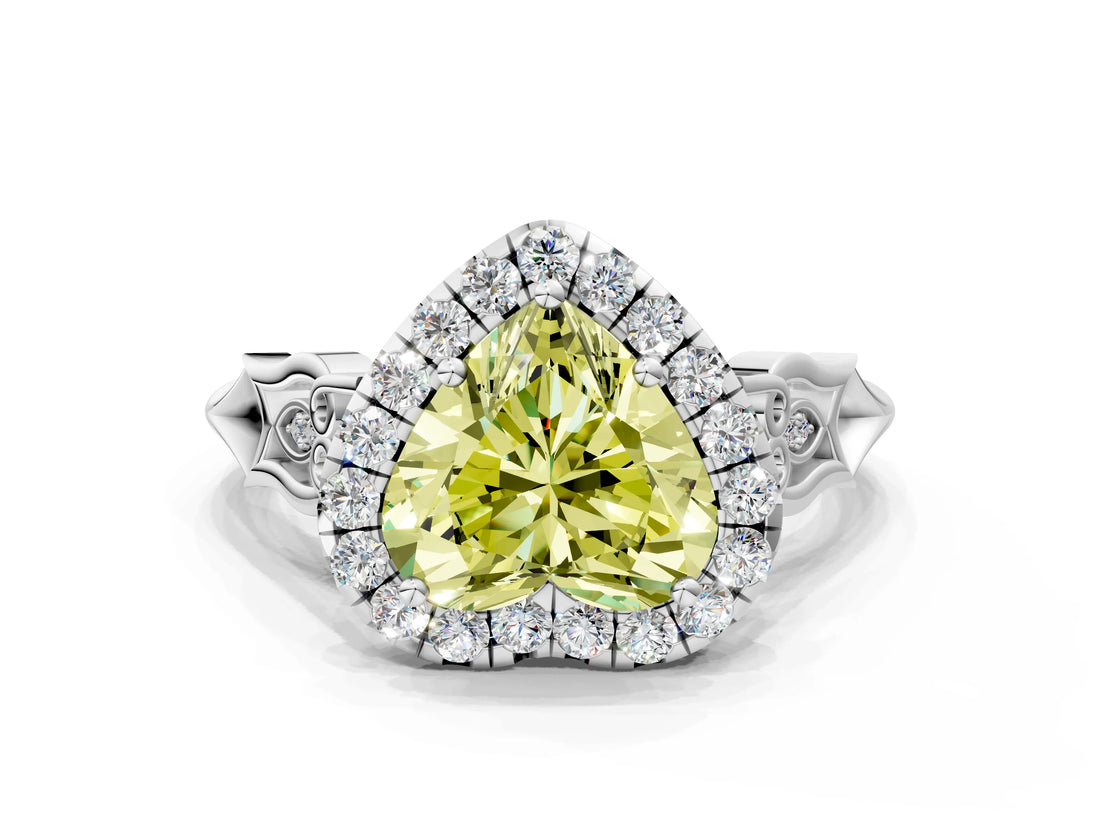 White gold Fancy Yellow Heart  Halo Diamond Engagement Ring with Filigree Band and Four-Prong Setting_120