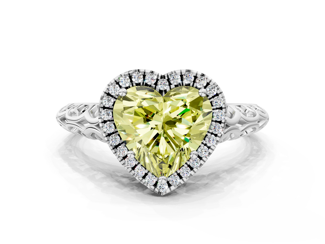 White gold Fancy Yellow Heart  Halo Diamond Engagement Ring with Intricate Filigree Band and Four-Prong Setting_37