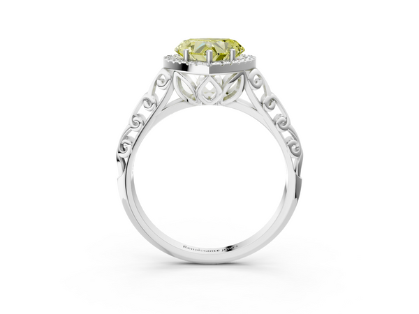 White gold Fancy Yellow Heart  Halo Diamond Engagement Ring with Intricate Filigree Band and Four-Prong Setting