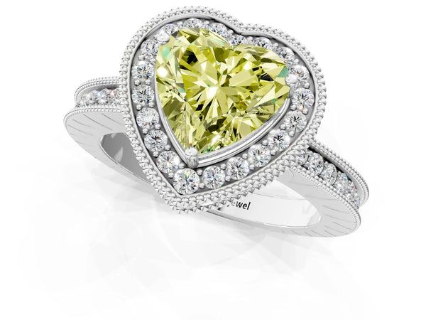 White gold Fancy Yellow Heart  Halo Diamond Engagement Ring with Milgrain Pave Band and Four-Prong Setting