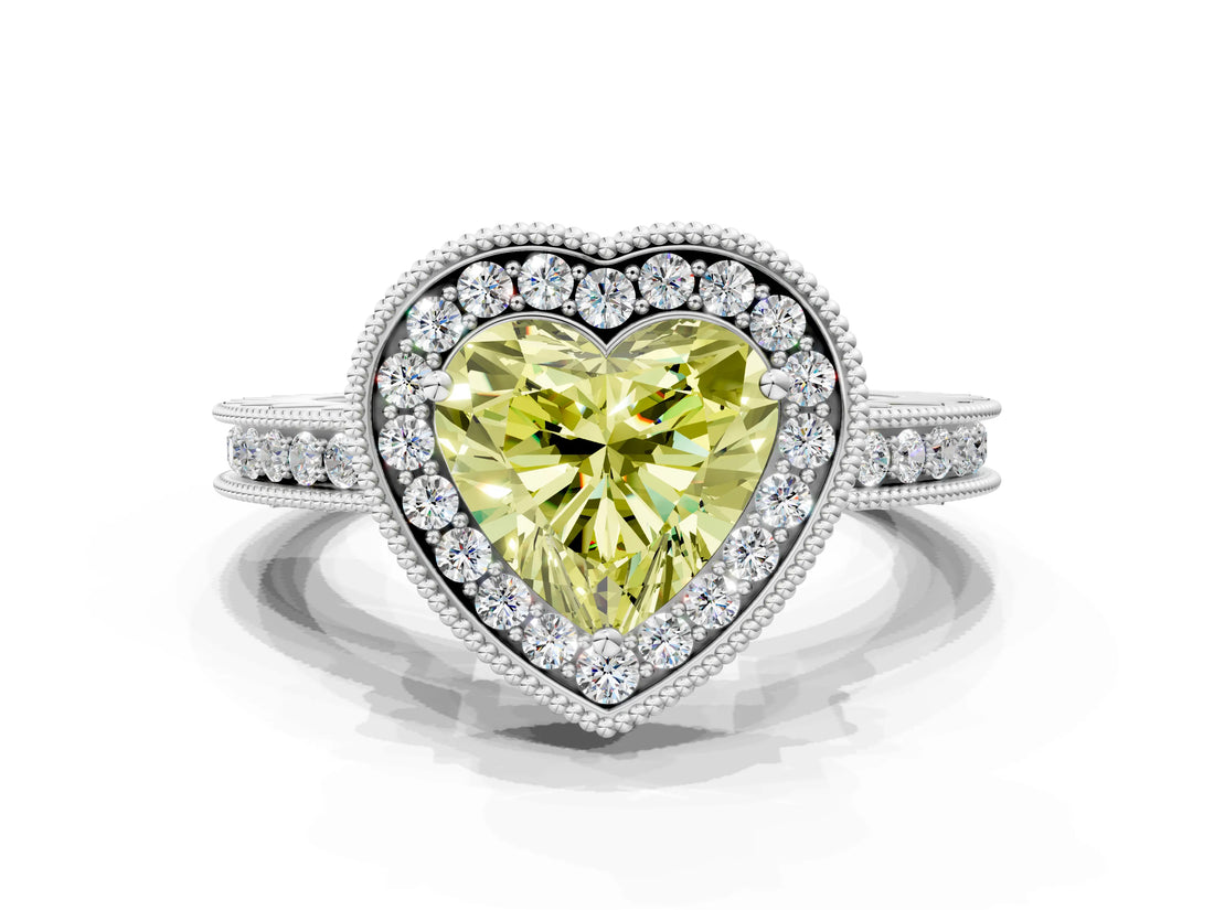 White gold Fancy Yellow Heart  Halo Diamond Engagement Ring with Milgrain Pave Band and Four-Prong Setting_65