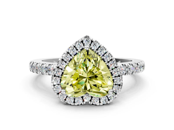 Platinum Fancy Yellow Heart  Halo Diamond Engagement Ring with Pavé Band and Four-Prong Setting