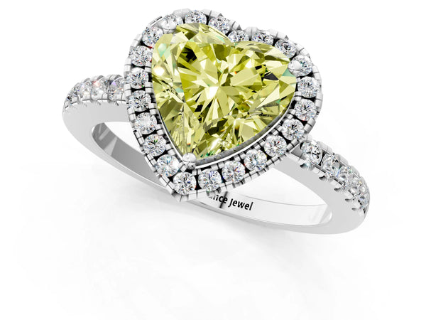 Platinum Fancy Yellow Heart  Halo Diamond Engagement Ring with Pavé Band and Four-Prong Setting