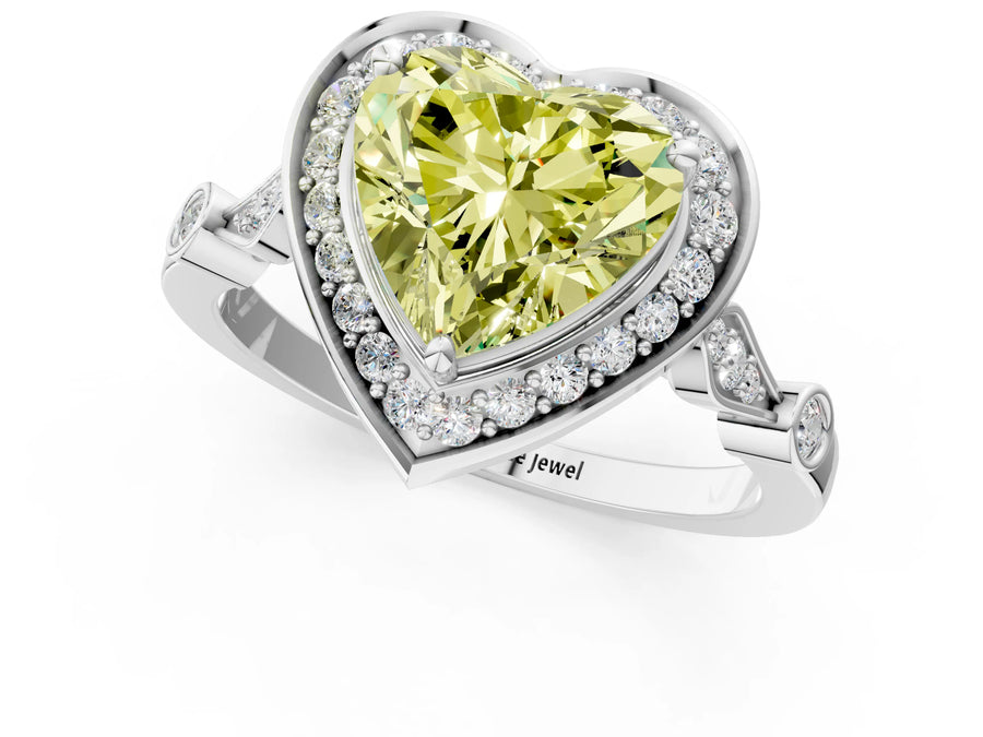 White gold Fancy Yellow Heart  Halo Diamond Engagement Ring with Twisted Band and Four-Prong Setting