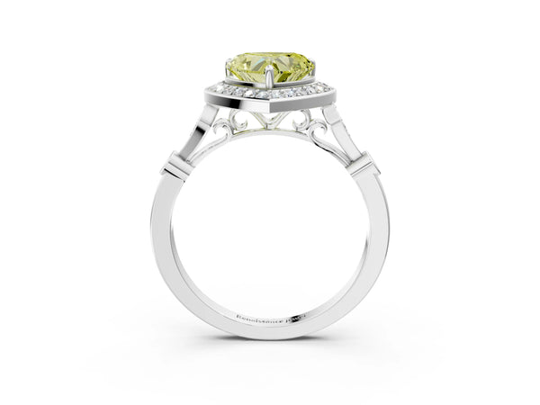 White gold Fancy Yellow Heart  Halo Diamond Engagement Ring with Twisted Band and Four-Prong Setting