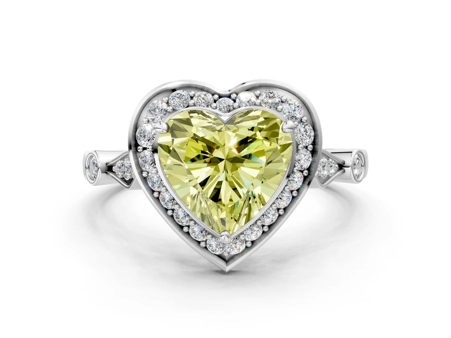 White gold Fancy Yellow Heart  Halo Diamond Engagement Ring with Twisted Band and Four-Prong Setting