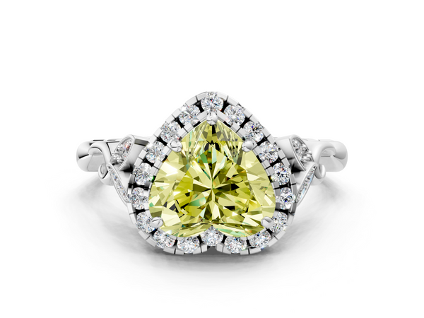 Platinum Fancy Yellow Heart  Halo Diamond Engagement Ring with Vintage-Inspired Band and Four-Prong Setting