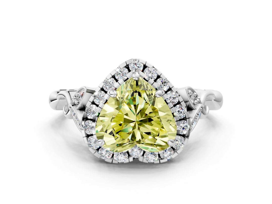White gold Fancy Yellow Heart  Halo Diamond Engagement Ring with Vintage-Inspired Band and Four-Prong Setting_3