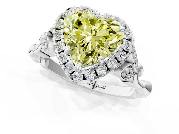 Platinum Fancy Yellow Heart  Halo Diamond Engagement Ring with Vintage-Inspired Band and Four-Prong Setting