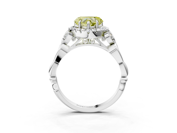 Platinum Fancy Yellow Heart  Halo Diamond Engagement Ring with Vintage-Inspired Band and Four-Prong Setting