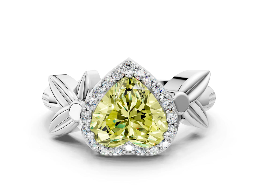 White gold Fancy Yellow Heart  Halo Diamond Floral Band with Four-Prong Setting_55