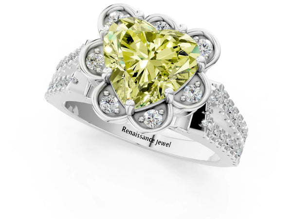 White gold Fancy Yellow Heart  Halo Diamond Floral Split Shank Engagement Ring