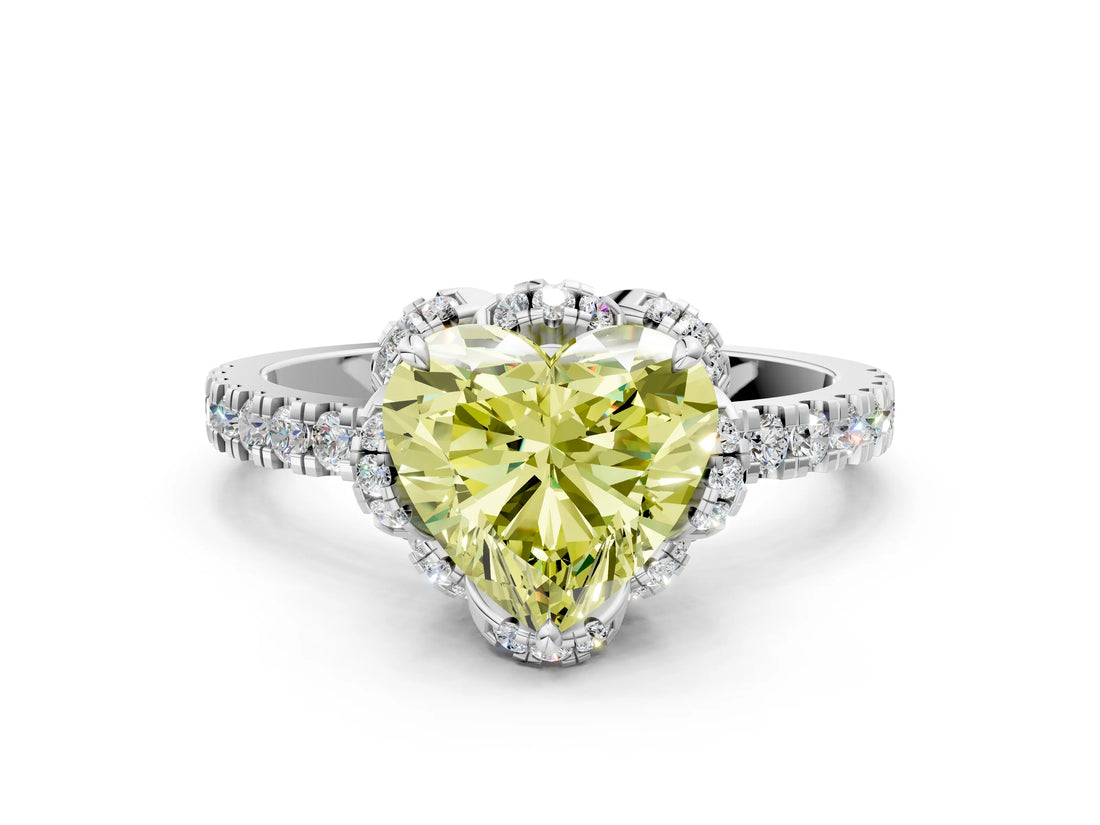 White gold Fancy Yellow Heart  Halo Diamond Pave Band Ring with Four-Prong Setting_15