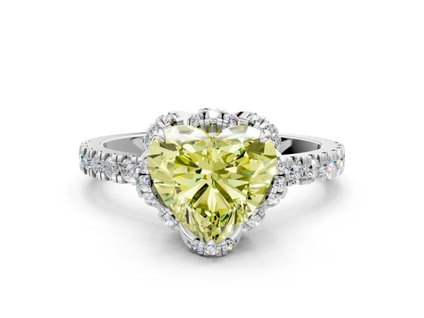 White gold Fancy Yellow Heart  Halo Diamond Pave Band Ring with Four-Prong Setting