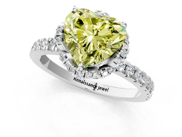 White gold Fancy Yellow Heart  Halo Diamond Pave Band Ring with Four-Prong Setting