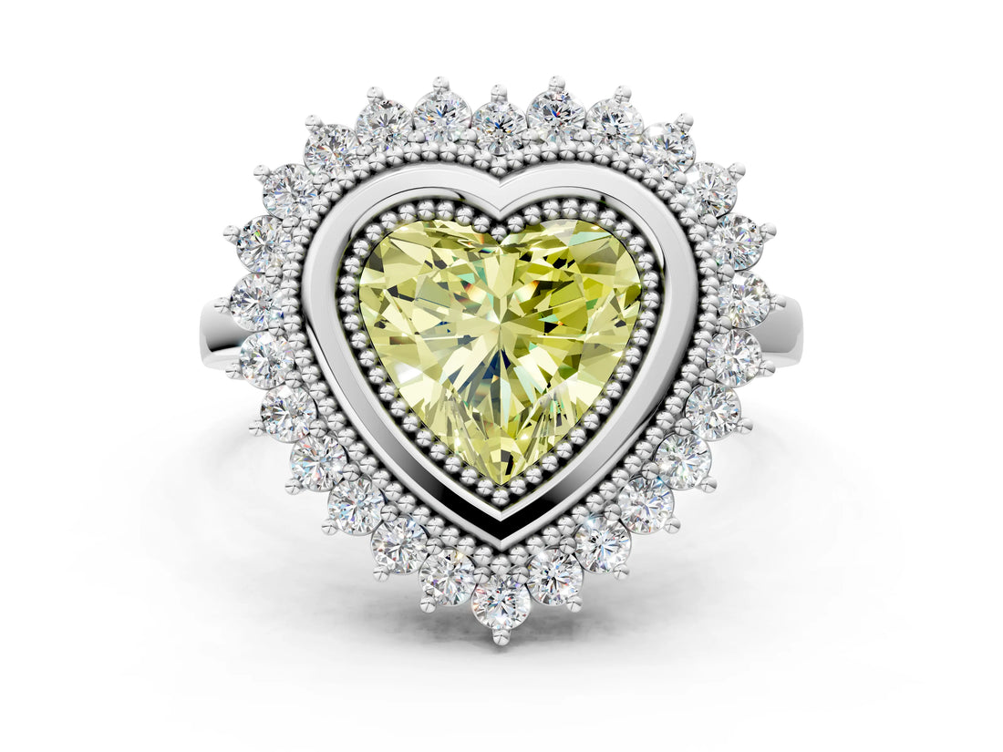 White gold Fancy Yellow Heart  Halo Diamond Ring with Milgrain Edge and Round Prong Setting_38