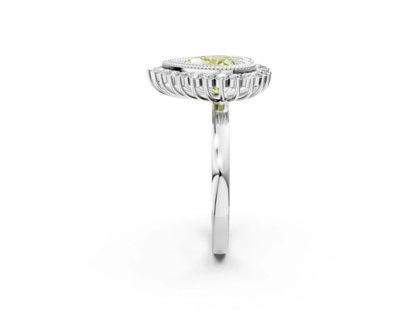 White gold Fancy Yellow Heart  Halo Diamond Ring with Milgrain Edge and Round Prong Setting