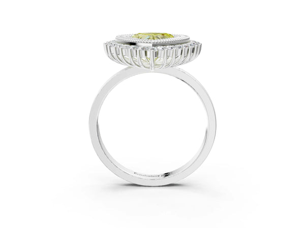 White gold Fancy Yellow Heart  Halo Diamond Ring with Milgrain Edge and Round Prong Setting
