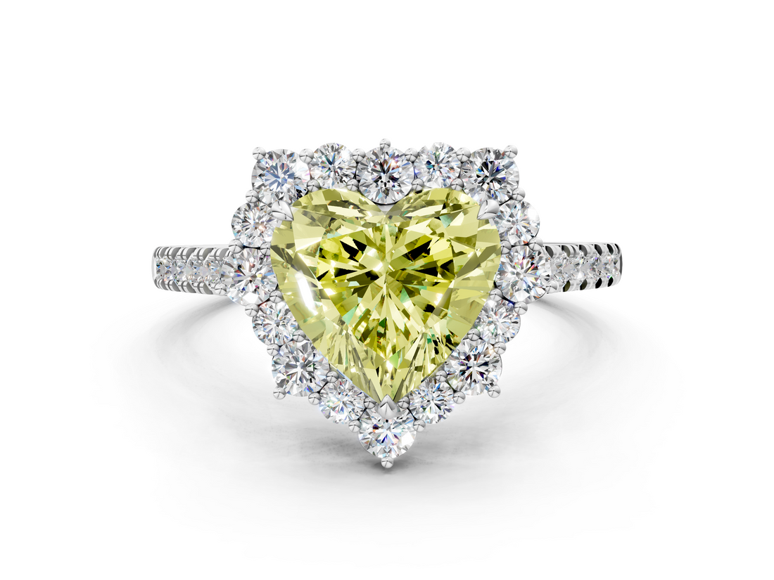 White gold Fancy Yellow Heart  Halo Diamond Ring with Pavé Band and Prong Setting_56