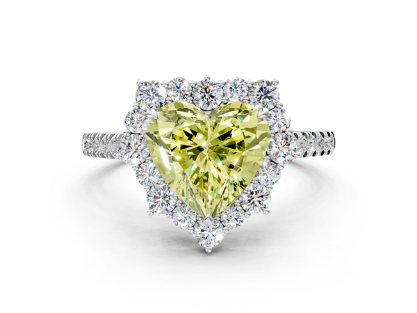 Platinum Fancy Yellow Heart  Halo Diamond Ring with Pavé Band and Prong Setting