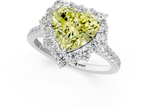 Platinum Fancy Yellow Heart  Halo Diamond Ring with Pavé Band and Prong Setting