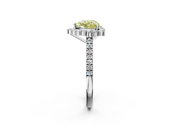 Platinum Fancy Yellow Heart  Halo Diamond Ring with Pavé Band and Prong Setting