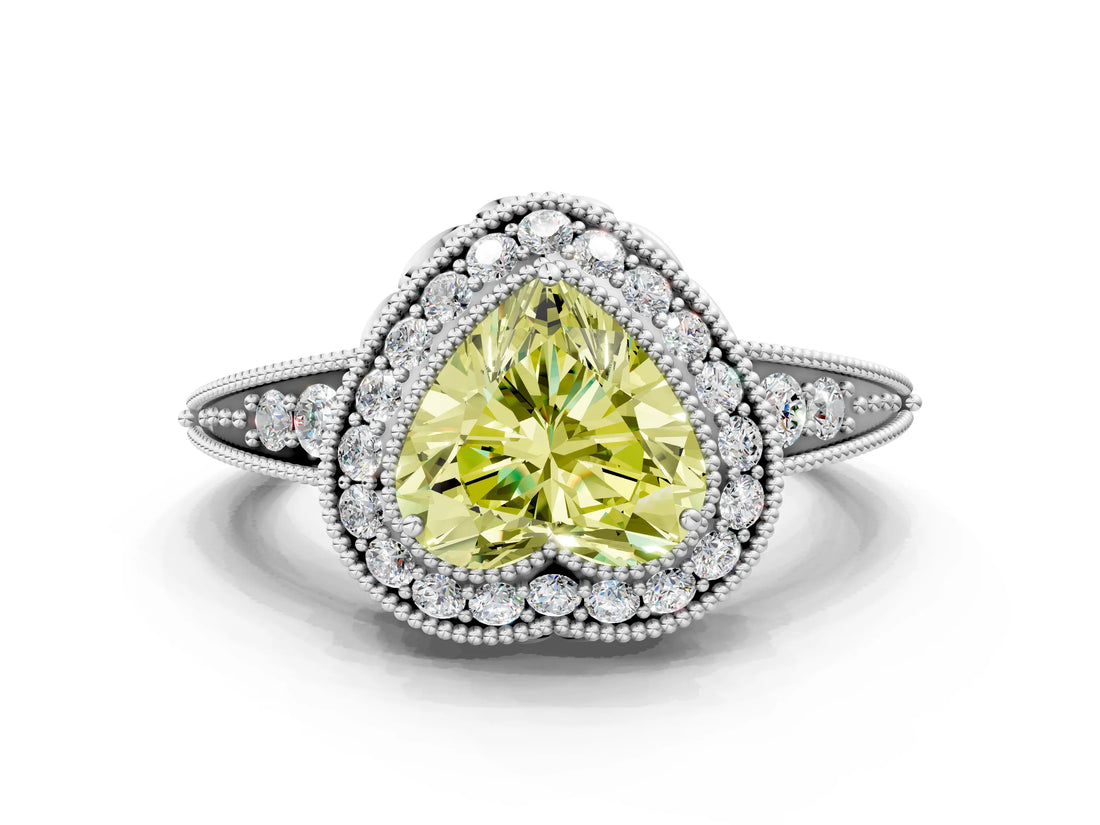 White gold Fancy Yellow Heart  Halo Diamond Split Shank Ring with Milgrain Detail_70