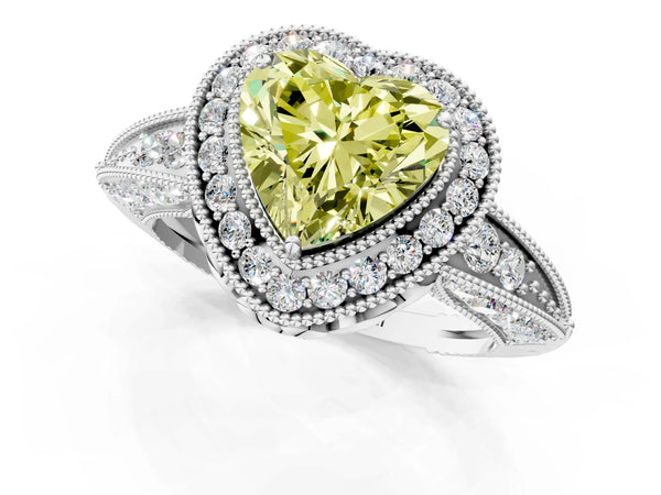White gold Fancy Yellow Heart  Halo Diamond Split Shank Ring with Milgrain Detail