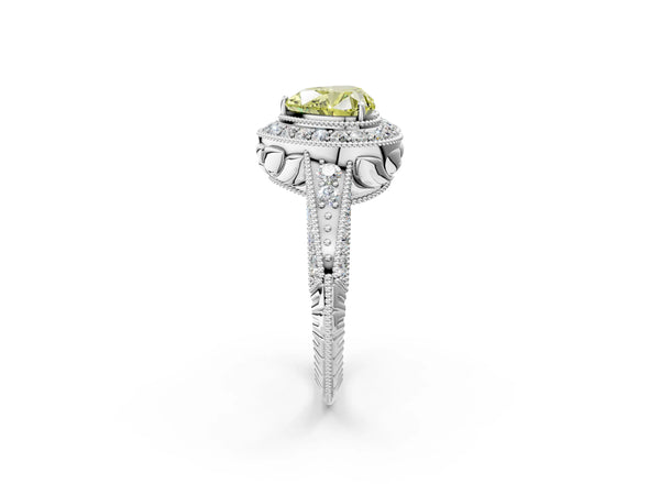 White gold Fancy Yellow Heart  Halo Diamond Split Shank Ring with Milgrain Detail