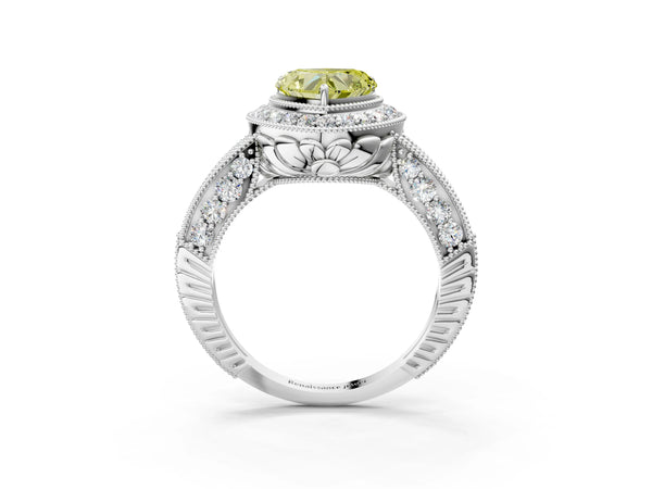 White gold Fancy Yellow Heart  Halo Diamond Split Shank Ring with Milgrain Detail