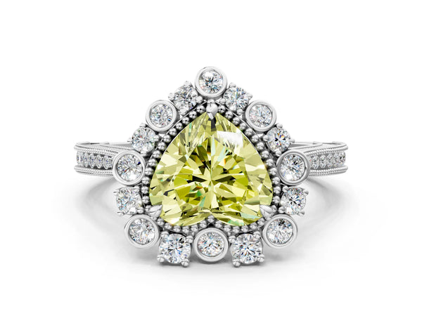 White Gold Heart-Shaped Scalloped Milgrain Halo Engagement Ring Setting for Fancy Yellow Center