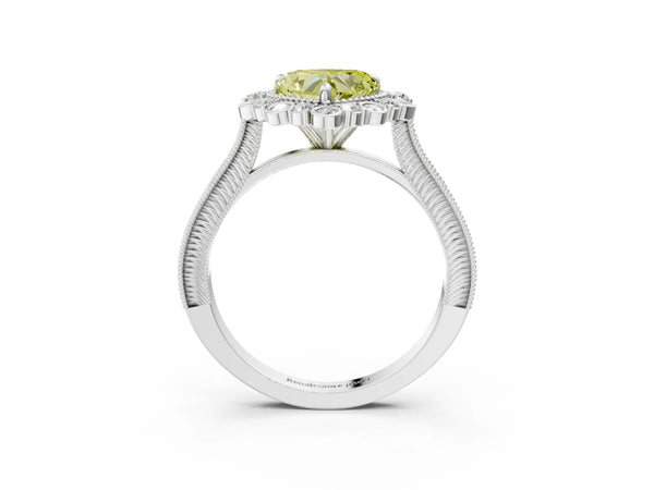 White Gold Heart-Shaped Scalloped Milgrain Halo Engagement Ring Setting for Fancy Yellow Center