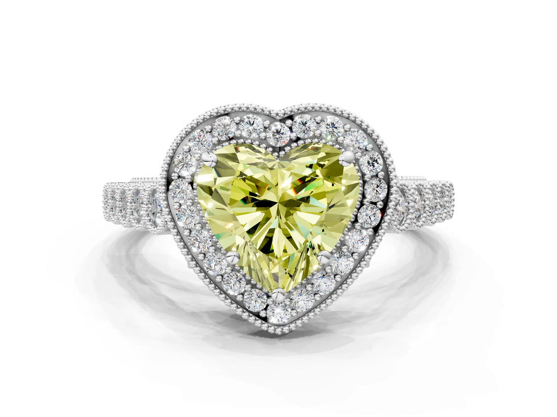 White gold Fancy Yellow Heart  Halo Milgrain Solitaire with Bezel Set Side Stones and Pave Band_50