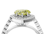 White gold Fancy Yellow Heart  Halo Milgrain Solitaire with Bezel Set Side Stones and Pave Band_54
