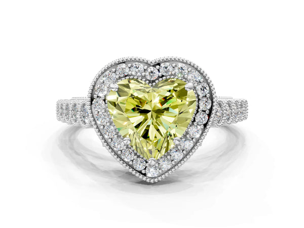 White gold Fancy Yellow Heart  Halo Milgrain Solitaire with Bezel Set Side Stones and Pave Band