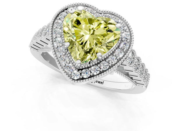 White gold Fancy Yellow Heart  Halo Milgrain Solitaire with Bezel Set Side Stones and Pave Band