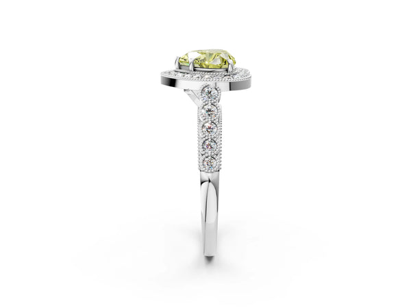 White gold Fancy Yellow Heart  Halo Milgrain Solitaire with Bezel Set Side Stones and Pave Band