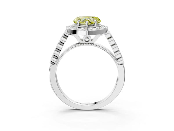 White gold Fancy Yellow Heart  Halo Milgrain Solitaire with Bezel Set Side Stones and Pave Band