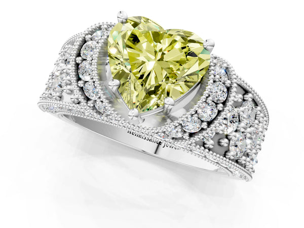 Platinum Fancy Yellow Heart  Halo Pave Diamond Engagement Ring with Milgrain Detailing
