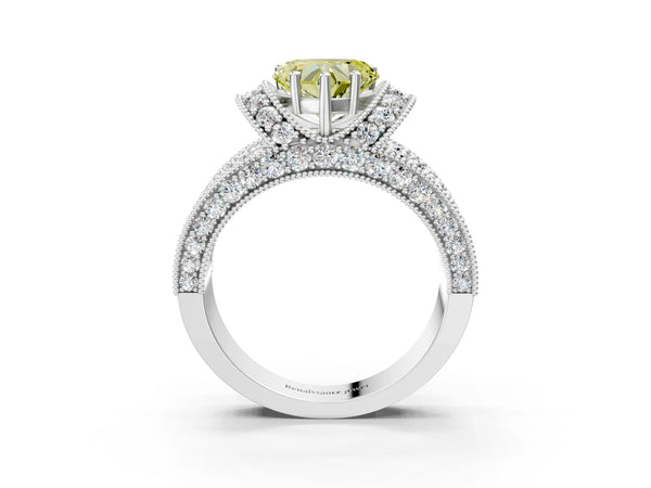 Platinum Fancy Yellow Heart  Halo Pave Diamond Engagement Ring with Milgrain Detailing