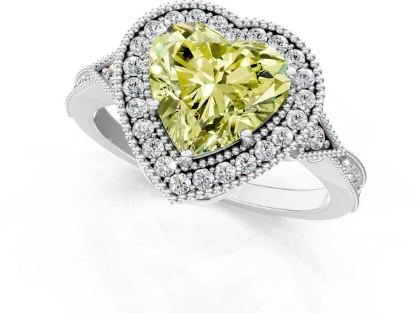 Platinum Fancy Yellow Heart  Halo Round Diamond Milgrain Pave Engagement Ring