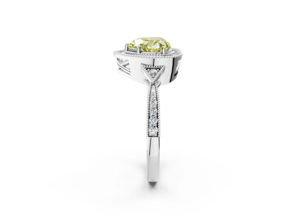 Platinum Fancy Yellow Heart  Halo Round Diamond Milgrain Pave Engagement Ring