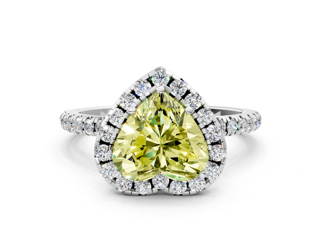 White gold Fancy Yellow Heart  Halo Round Diamond Pavé Band Four-Prong Ring_3