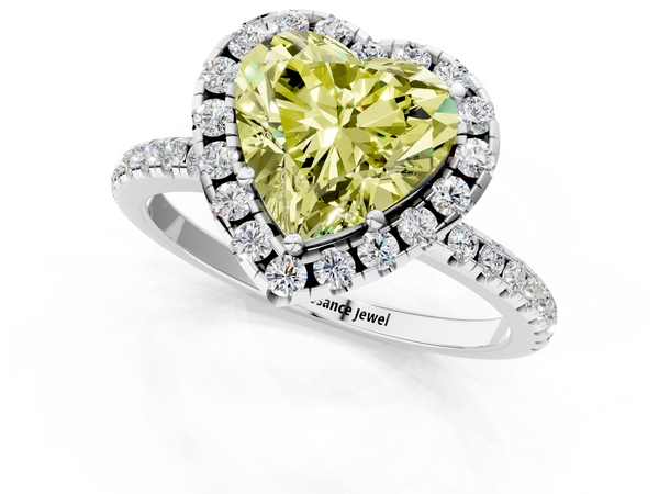 White gold Fancy Yellow Heart  Halo Round Diamond Pavé Band Four-Prong Ring