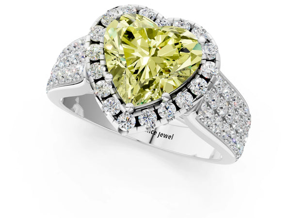 White gold Fancy Yellow Heart  Halo Round Diamond Pave Band with Prong Setting